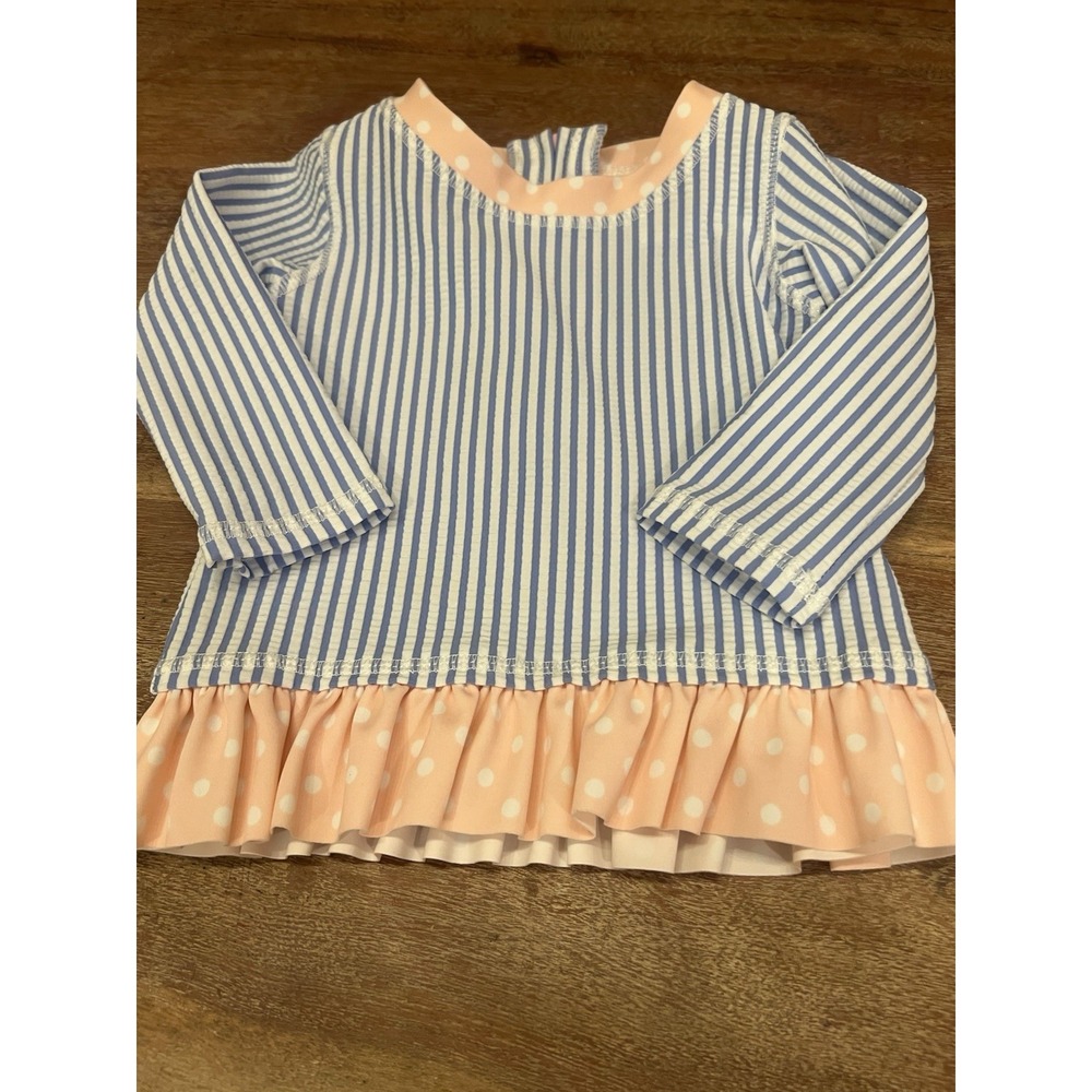 RuffleButts Toddler Girls Seersucker, Long Sleeve Swim Rash Guard Size 6-12 M